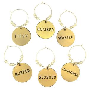Santa Barbara Design Studio - Gold Tone Engraved Metal Wine Glass Charm Rings, Set of 6 - Drunk Set