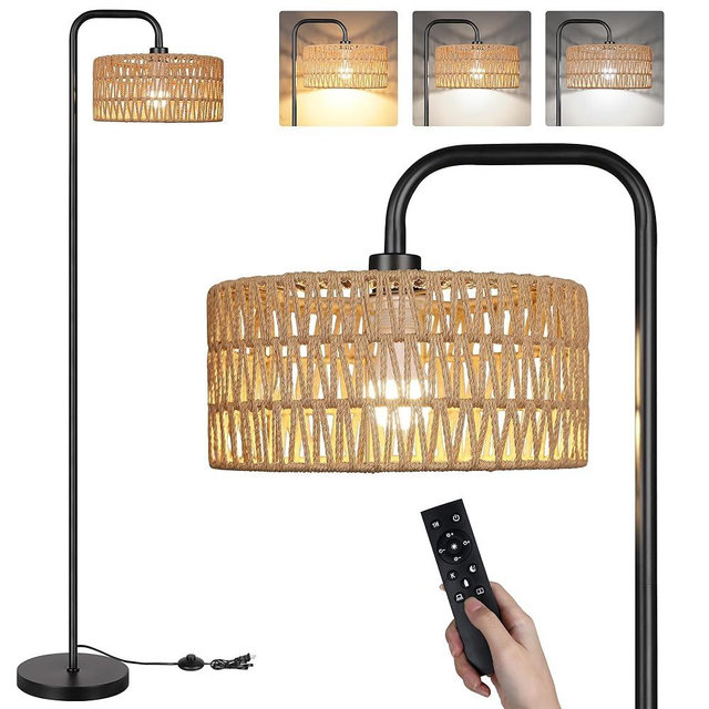 PARTPHONER Farmhouse Floor Lamp, 68''Tall Lamp for Living Room with Remote 3 Color Temperatures Boho Standing Lamp with Rattan Shades for Bedroom Study Room Office Hotel, Bulb Include