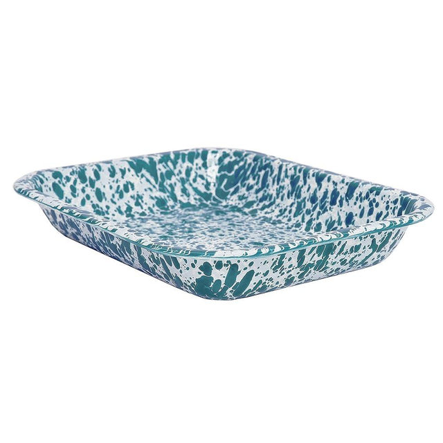 Enamelware Small Open Roaster, 11.5 x 9.25 inches, Turquoise/White Splatter (Single)