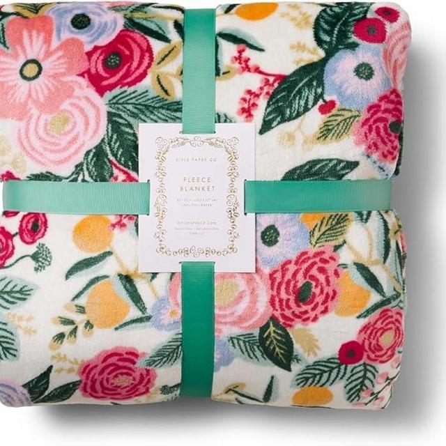 RIFLE PAPER CO. Fleece Blanket | Cozy Up in This Soft Screen Printed Floral Decorative Throw for a Layer of Warmth, 100% Polyester (80" W X 50" L), Garden Party