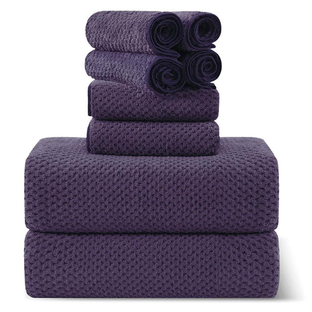 8-Piece Bath Towel Set, 2 Extra Large Bath Towel Sheets, 2 Hand Towels and 4 Washcloths - Highly Absorbent Quick Dry Microfiber,Ultra Soft Towel Set for Bathroom, Waffle Weave Design (Dark Purple)