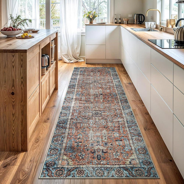 Bloom Rugs Washable Non-Slip 10 ft Runner - Orange/Blue Traditional Runner for Entryway, Hallway, Bathroom, and Kitchen - Exact Size: 2.5' x 10'