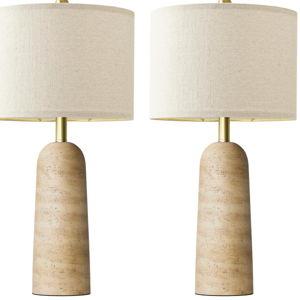 BOBOMOMO Modern Table Lamp Set of 2, Warm Beige Resin Lamp with Natural Stone Look, 27.25" Lamps for Living Room with Linen Shades, Bedside Lamp for Bedroom, Living Room, Nightstand, Entryway
