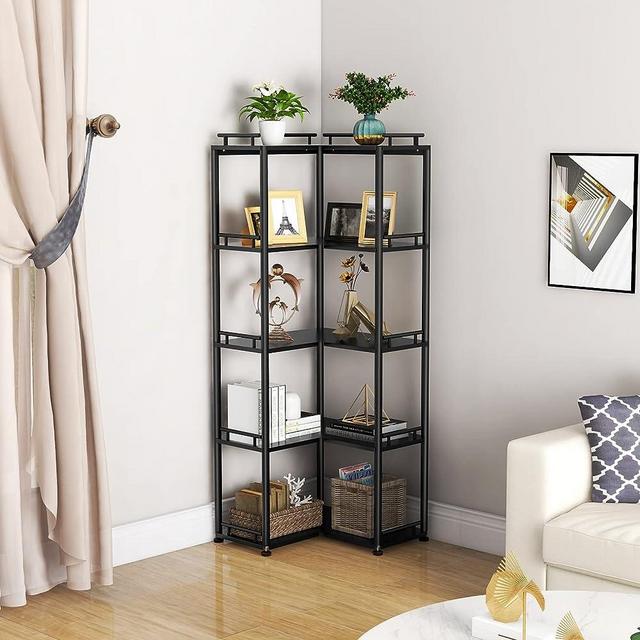 FLE 5 Tier Corner Shelf,Modern Corner Bookshelf Industrial Corner Ladder Shelf Small Bookcase Plant Stand for Living Room, Kitchen, Home Office (Black)