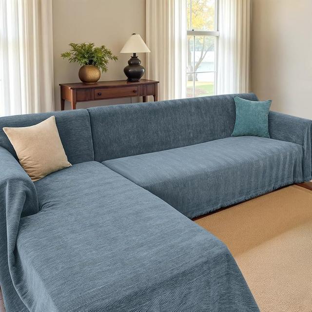 CAPALOCA Sectional Couch Covers 2 Pieces, Chenille L Shaped Couch Cover Blanket for Sectional Sofa with Herringbone Pattern Washable Sofa Slipcovers (X-Large: 71" x 110" + 71" x 118", Blue)