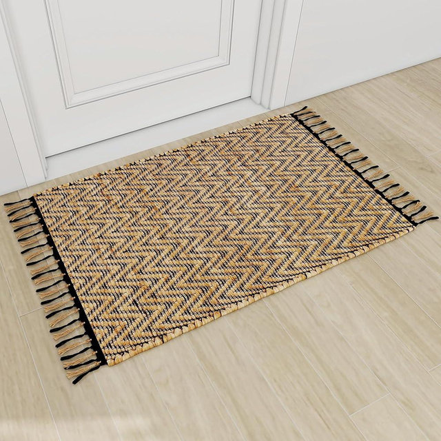Eco Crave Handmade Jute Entryway Rug 2x3 ft – Brown & Black Leher Pattern Welcome Mat, Natural Hand-Woven Low Pile Non-Slip Doormat for Indoor Outdoor, Farmhouse Boho Area Rug, 24x36 Inches