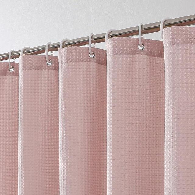 OVZME Extra Long Shower Curtain Set - 84 Inch Long Waffle Weave Heavy Duty Cloth Shower Curtain for Bathroom, Luxury Weighted 230GSM Bath Curtain Set with 12 Plastic Hooks, 72x84, Blush Pink