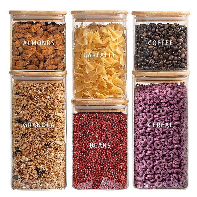 Laramaid Glass Jar Set (2x27oz/2x40oz/2x50oz) Set of 6 with 160 Minimalist Pantry Labels, Square Canister Jars with Bamboo Lids and Transparent Customized Sticker Labels, Food Storage Containers