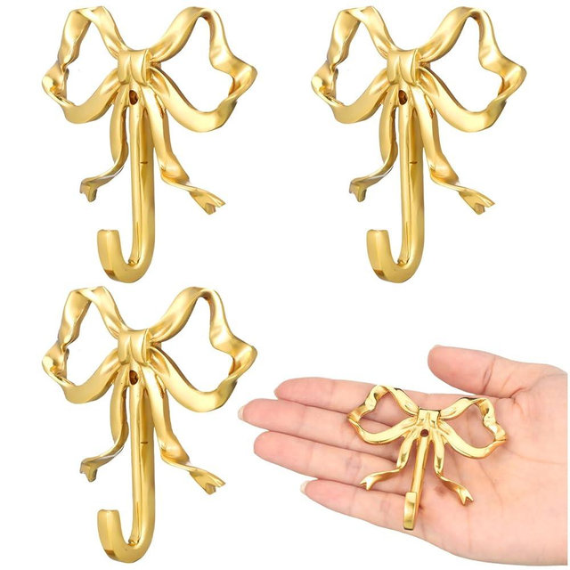 Lineshading 4 Pcs Gold Bow Knot Hooks Brass Bow Wall Door Hanger Towel Hooks Brass Coat Hanger Decorative Holder for Wedding Bathroom Living Room Kitchen Decor (S)