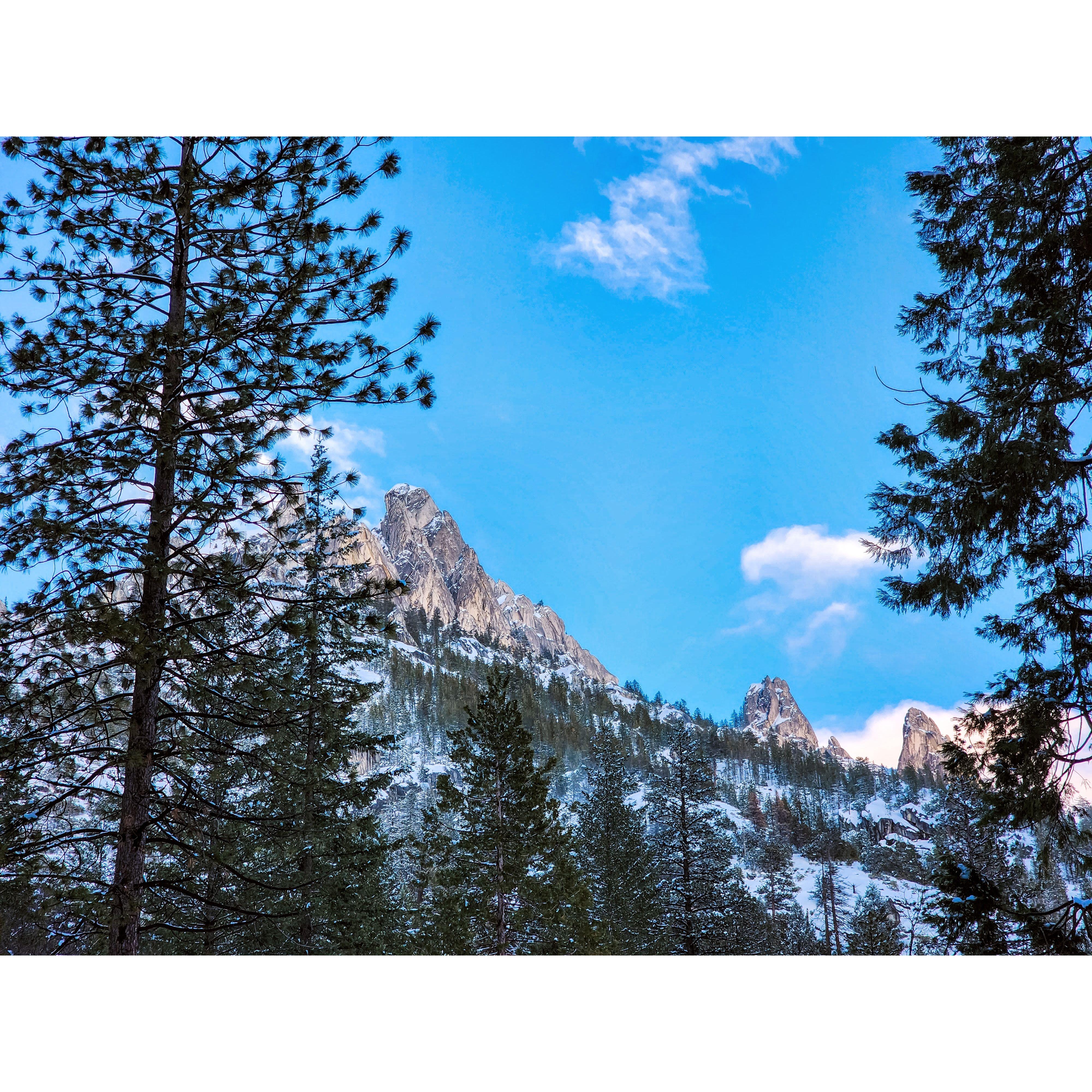 Crags dusted in snow.