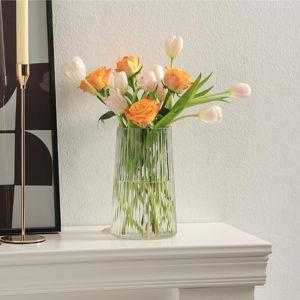 Clear Glass Vase for Flower, Glass Flower Vase, Flower Vase for Bouquet, Modern Glass Vase, Ribbed Glass Vase for Living Room, Bedroom, Dining Table, Office, Wedding, Centerpieces, 8 Inches