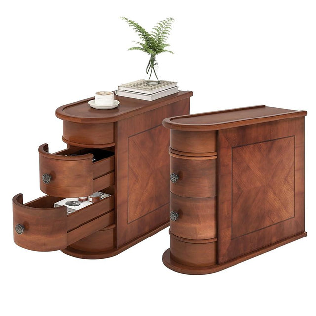 LITTLE TREE End Table Set of 2, No Assembly Required Wood End Table with 2 Drawers, Sofa Side Table for Living Room, Vintage Slim Nightstand Bedside Table for Bedroom