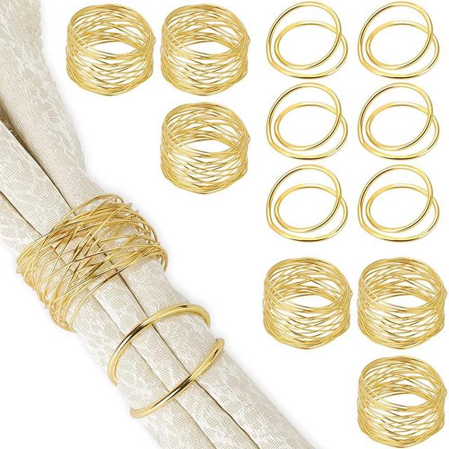 Gold Napkin Rings Set of 12 Holiday Napkin Rings Fall Napkin Holder Ring for Christmas Halloween Thanksgiving Weddings Parties Dining Table Decor, 2 Styles Pack of 12 Pieces Gold