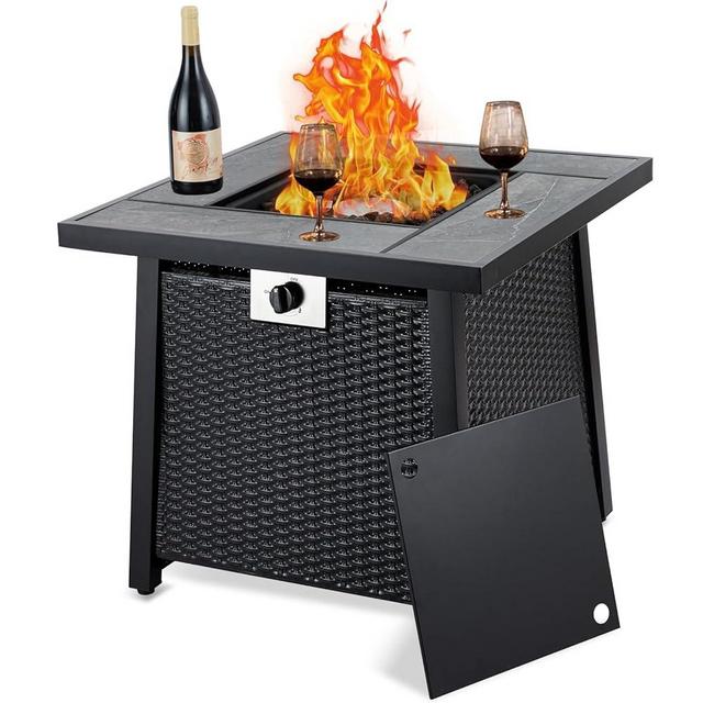 MERXENG 28 Inch Gas Fire Pit Outdoor Firepit Table, 50000BTU Rectangle Propane Fire Table with Lid & Lava Rock for Outside Garden Backyard Deck Patio, CSA Safety Certified