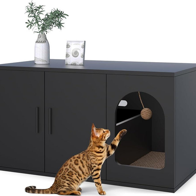Amunrbrek Litter Box Enclosure, Cat Litter Box Enclosure Furniture, Wooden Litter Box Furniture with 2 Enclosure Liner (Black)