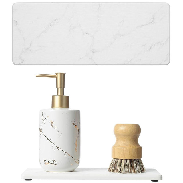 2PCS Diatomite Marble Tray Quick Drying Mat for Kitchen Counter, Water Absorbing Stone Vanity Caddy for Bathroom Sink,Faucet Splash Guard,Soap Dispenser Rack Sponge Holder Organizer, White, 9"x3.5"