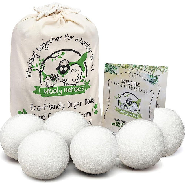 Wooly Heroes Wool Dryer Balls - Organic Eco Friendly - 6-Pack XL ~ Reusable Fabric Softener ~ with Free Natural Laundry eBook (All White)