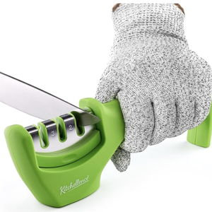 (Knife Sharpener) 4-in-1 Kitchen Knife Accessories: 3-Stage Knife Sharpener Helps Repair, Restore and Polish Blades and Cut-Resistant Glove