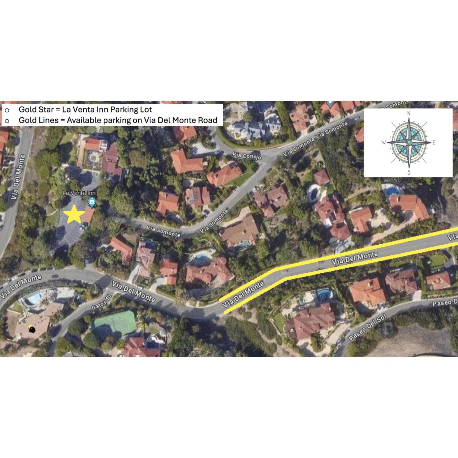 La Venta Inn has limited on-site parking (50 spaces).  If you arrive and are unable to park in the La Venta Inn lot, there is street parking available East on Via Del Monte Road. Please See Map.