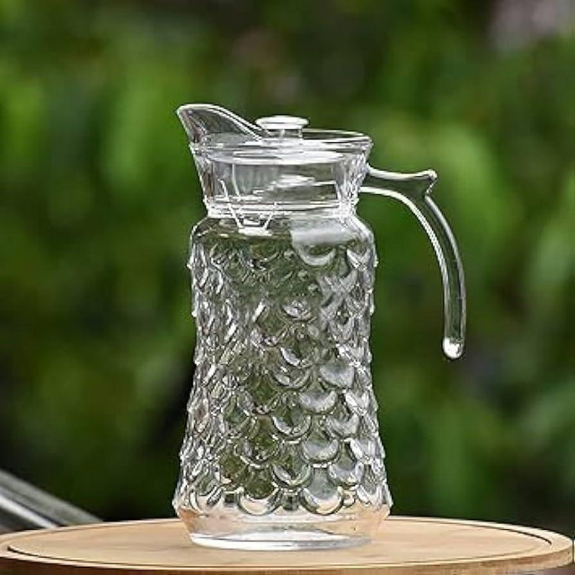 Glass Pitcher w Lid & Thumb Rest Handle-Sleek & Elegant Jug Drinkware- For Cold Drinks- Punch, Lemonade, Cocktails, Mocktails, Ice Coffee - Very Durable, Perfect For Fridge Shelf (1, clear bubble)