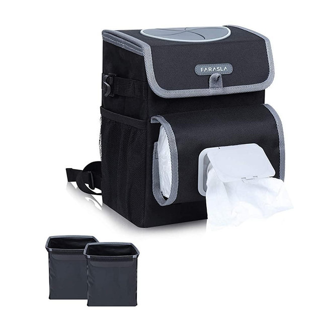 Farasla All-in-One Car Trash Can with 2 Removable Leakproof Interior Liners, Adjustable Tissue Holder & Straps