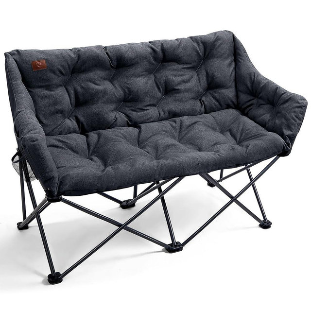EVER ADVANCED Double Camping Chair for Adults, Padded Folding Camping Loveseat Bench with Side Pocket Portable Camping Couch, Two Person Heavy Duty Outdoor Chair with Cushion,Support 600lbs, Black