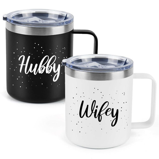 Husband and Wife Gifts, Mr & Mrs Coffee Mugs Set, Hubby and Wifey Gifts, Newlywed Gif 14oz Stainless Steel Insulated Mug(Black White)