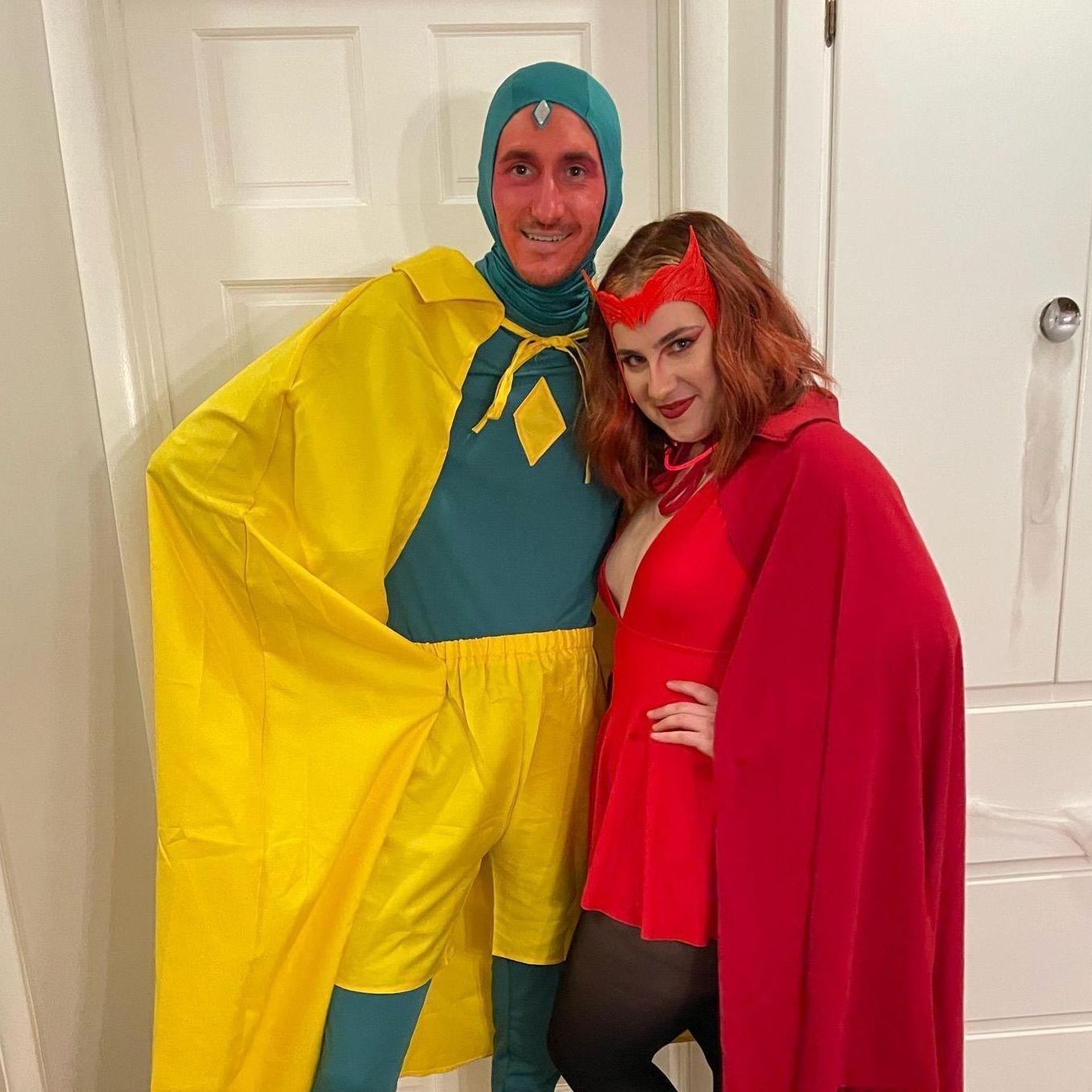 Matthew's love of Marvel comes back to bite him when Liz tells him his Halloween costume will involve red face paint and spandex. Here are the lovebirds dressed as Wanda and Vision from the MCU.