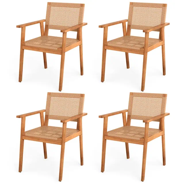 Costway Acacia Wood Outdoor Dining Chairs Set of 4 w/Backrests & Armrests for Backyard