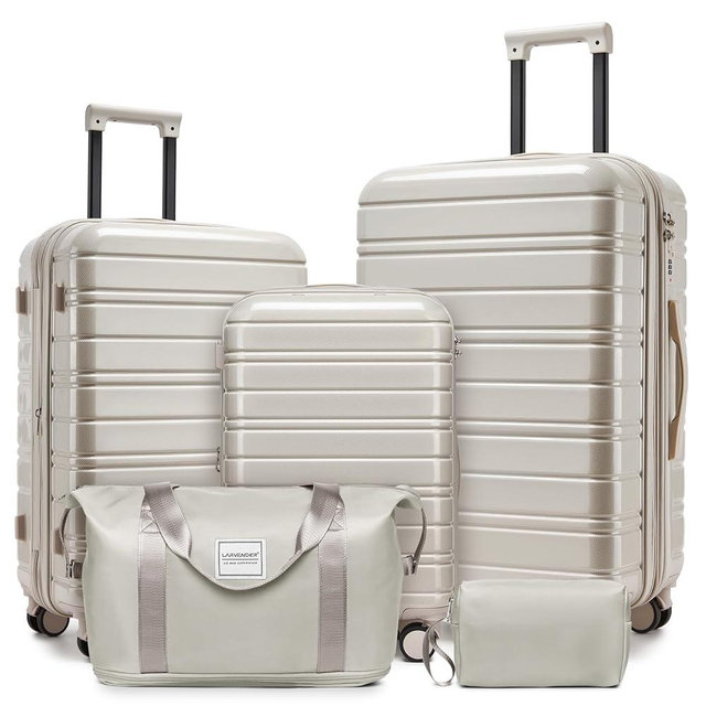 LARVENDER 5 Piece Hardside Expandable Luggage Sets with Wheels Lock, Lightweight PC+ABS Rolling Hardside Suitcase for Women and Men,Glossy Champagne