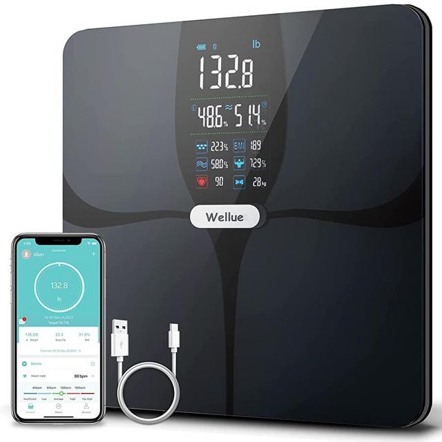 Scales for Body Weight, Large Display Digital Weight Scale with Body Fat, Water Weight, Rechargeable Bathroom Scale for Carpet, Bluetooth BMI Smart Body Fat Scale, 16 Data Sync with App, Heart Rate