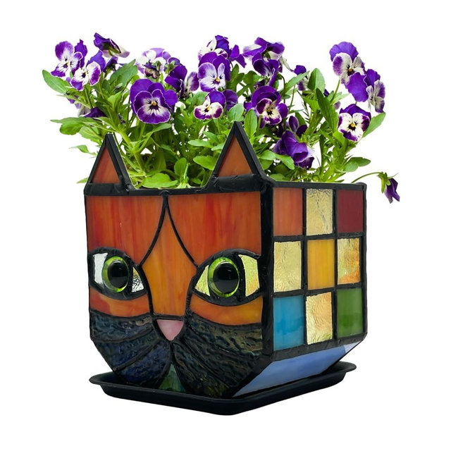 Entlityful Stained Glass Cat Planter,Indoor Plant Pots with 6mm Drainage Hole, Cute Flower Pots for Plants, Orange Cat Gifts for Women,Small Decorative Planters for Indoor Plants
