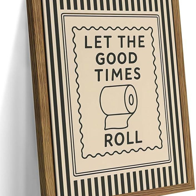Framed Let The Good Times Roll Bathroom Print, Vintage Funny Toilet Quote Canvas Wall Art, Stripes Bathroom Picture Poster, Downstairs Toilet Painting Wall Decor 12x16 inch