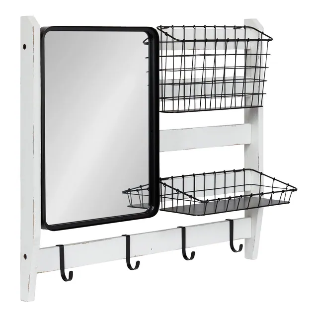 28"x8"x24" Tanner Wall Organizer with Mirror and Hooks White - Kate & Laurel All Things Decor