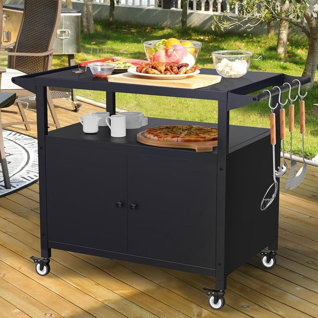 COZEER Outdoor Grill Table with Storage, Movable BBQ Grill Cart, Outdoor Kitchen Prep Station, Rolling Bar Serving Cart with Utensil Hooks, Blackstone Griddle Stand
