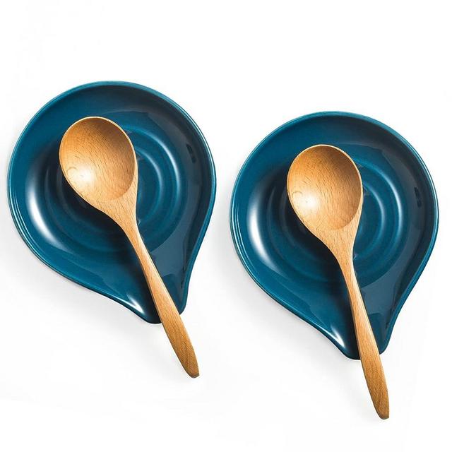 Spoon Rest for Stove Top, Ceramic Spoon Holder for Kitchen Counter Large Spatula Holder for Spoons, Ladles, Tongs, Housewarming Gifts Set of 2, 5 inch, Blue