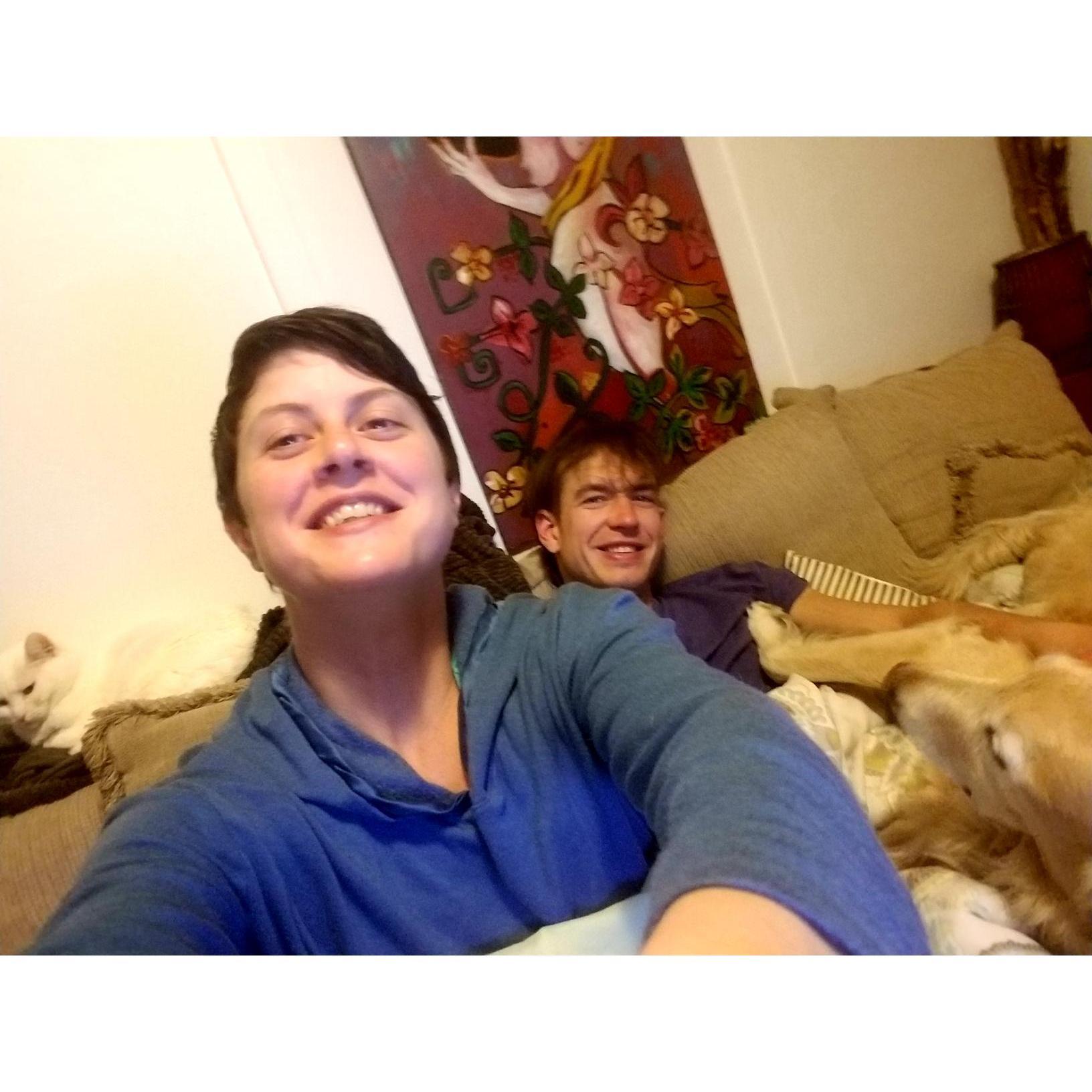 Snug Lyfe! We were attempting to get a picture of us snuggling with Psyren and SkyBear...it sort of worked, but Sky was falling off of the couch.
