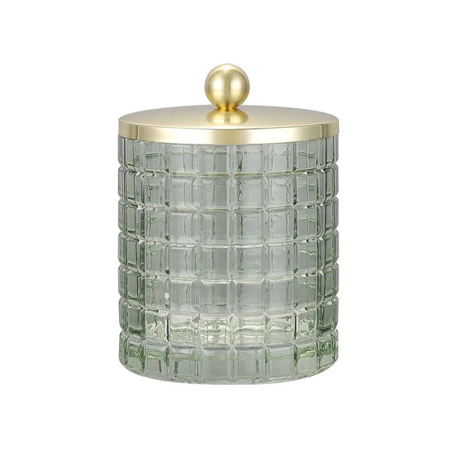 Indecor Home Sage Colored Tranlucent Apothecary Etched Geometric Grid Glass Jar W/Gold Metal Lid Cover for Bathroom Organization, Cotton Balls, Q Tips, and Small Accessories, Bathroom Storage