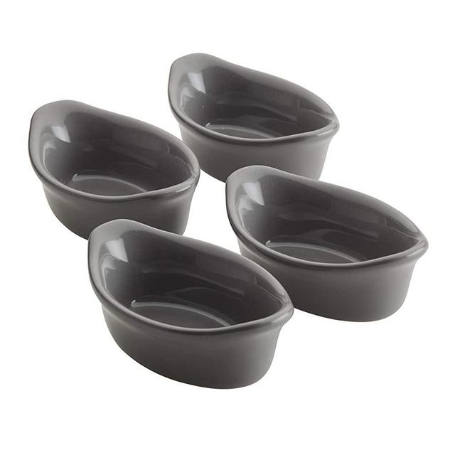 Rachael Ray Solid Glaze Ceramics Dipping Cups / Ramekin Set for Snacks, Desserts, and More, Oval - 4 Piece, Gray