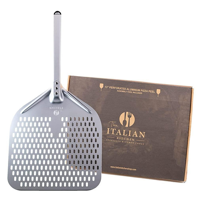 The Italian Kitchen 13" Perforated Pizza Peel - Professional 13 x 16.7 in Metal Pizza Peel Paddle - 27.3 Overall Aluminum Pizza Peel - Works With All Pizza Ovens, Stones & Grills Silver