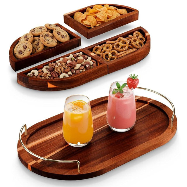 Modular Oval Serving Tray - Acacia | Serving Platter Snack Tray for Party Hosting - Trays for Serving Food, Charcuterie, Fruit Platter Tray for Parties, Appetizer Dishes & Dessert Trays