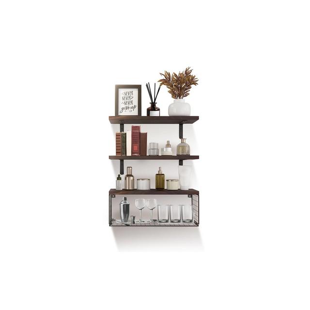 NewHome "2-in-1 Wall Mounted Floating Shelves with Storage Basket for Bathroom, Bedroom, Living Room, and Office" Brown