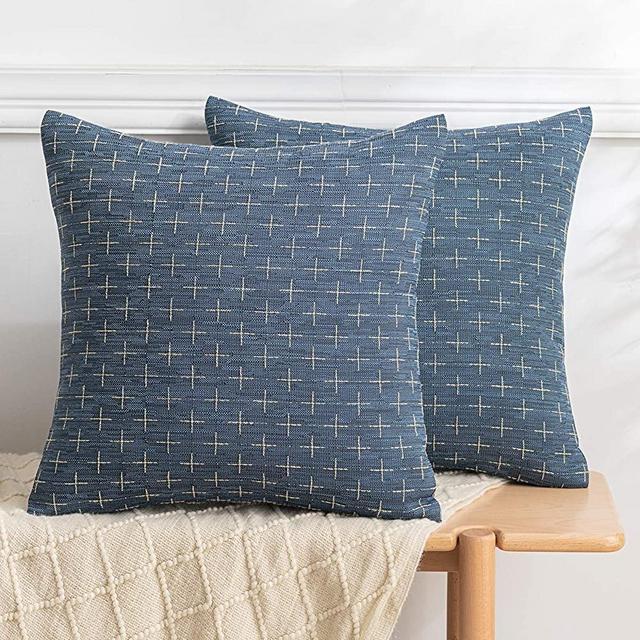 Dark Blue Decorative Burlap Linen Throw Pillow Covers for Couch Sofa Living Room Chair Decor, Modern Farmhouse Pillowcase Rustic Woven Textured Square Pillows Cushion Cover, 18 x 18 inch, Set of 2