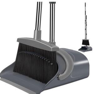 Broom and Dustpan Set, Dust pan with Long Handle, Broom with Dustpan Combo Set, Broom and Dustpan for Home, Indoor or Outdoor Cleaning Tool (Deep Gray&Light Gray)