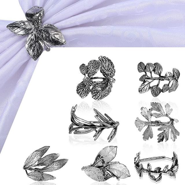 8 Pieces Herb Napkin Rings Vintage Leaf Napkin Holders Set Glossy Napkin Holder Adornment Metal Table Napkin Rings for Thanksgiving Christmas Holidays Fall Wedding Party Decor Everyday Use (Silver)