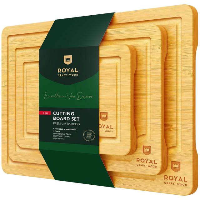 Wood Cutting Board Set - Bamboo Cutting Board with Juice Groove - Kitchen Chopping Board for Meat (Butcher Block) Cheese and Vegetables | Heavy Duty Serving Tray w/Handles (3)