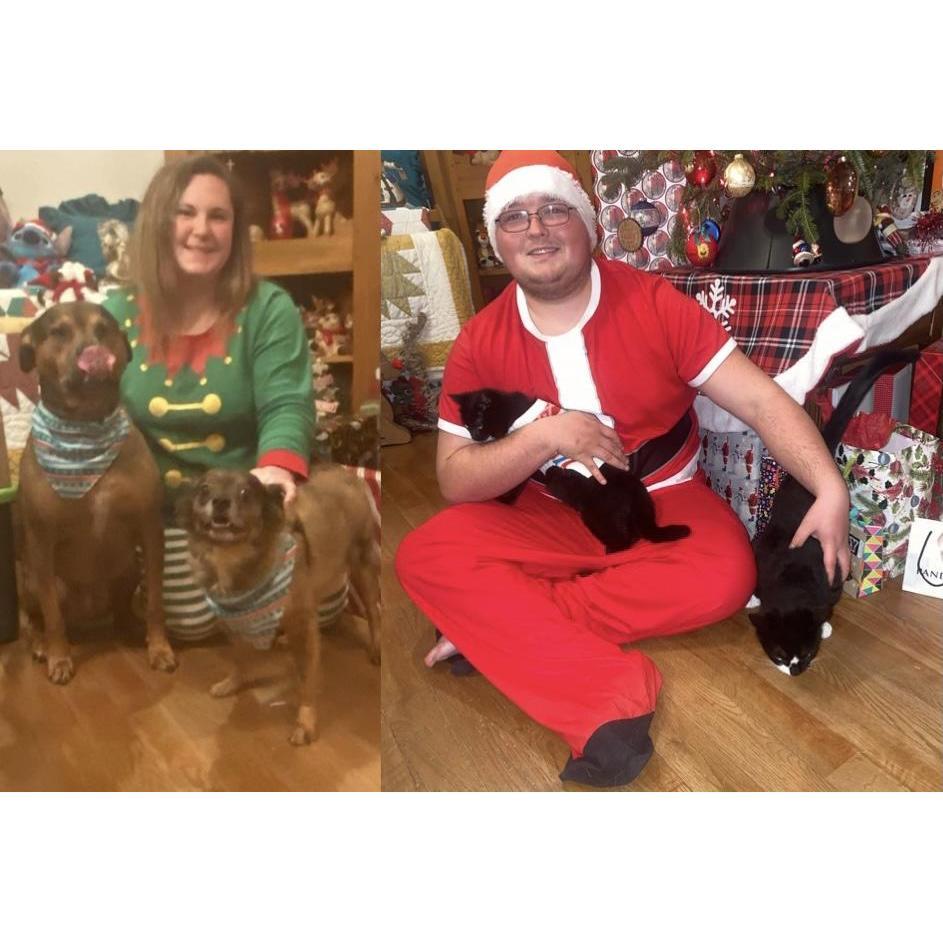 First Christmas in our first home together! 2019 Had to take two separate photos and crop them together because the fur babies didn't really like each other yet! Rambo, Teddy, Goose, Mittens