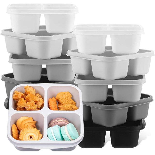 Honeydak 10 Pack Snack Container 4 Compartment Reusable Bento Snack Boxes Divided Lunchable Containers with Lids Meal Prep Lunch Food Storage Boxes for School Work Travel(Black and White Ombre Color)