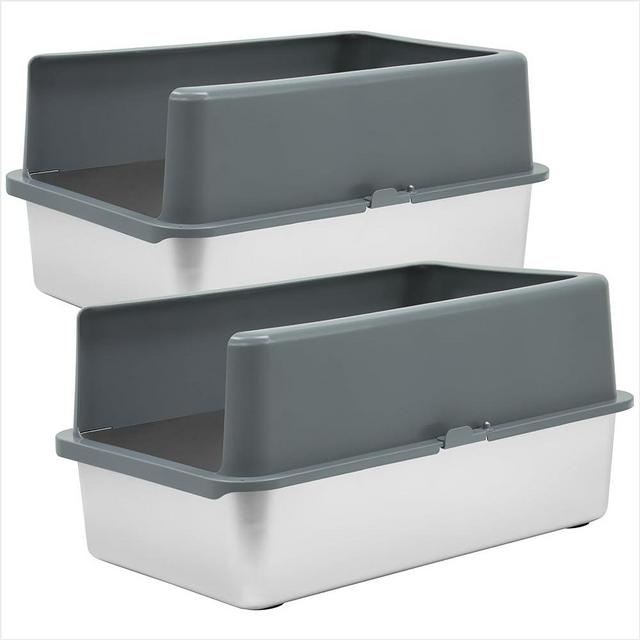iPrimio Enclosed Sides Stainless Steel Litter Box, 2 pk - XL for Big Cats - Stainless Easy Cleaning High Sided Litter Box, 2 Pan with 2 Enclosures