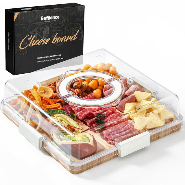 Charcuterie Board with Clear Locking Lid and Handle, 6 Compartment Bamboo Cheese Board Snackle Box, Portable Cutting Board for Snacks, Fruits&Meats, Ideal Gift for Parties, Birthday& House Warming